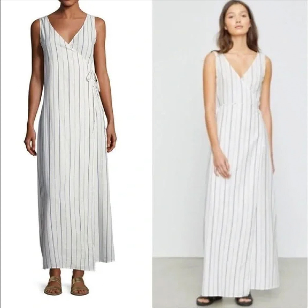 Onia Grace Sleeveless Striped Wrap Maxi Dress Coverup in Cream Tan Blue, Small